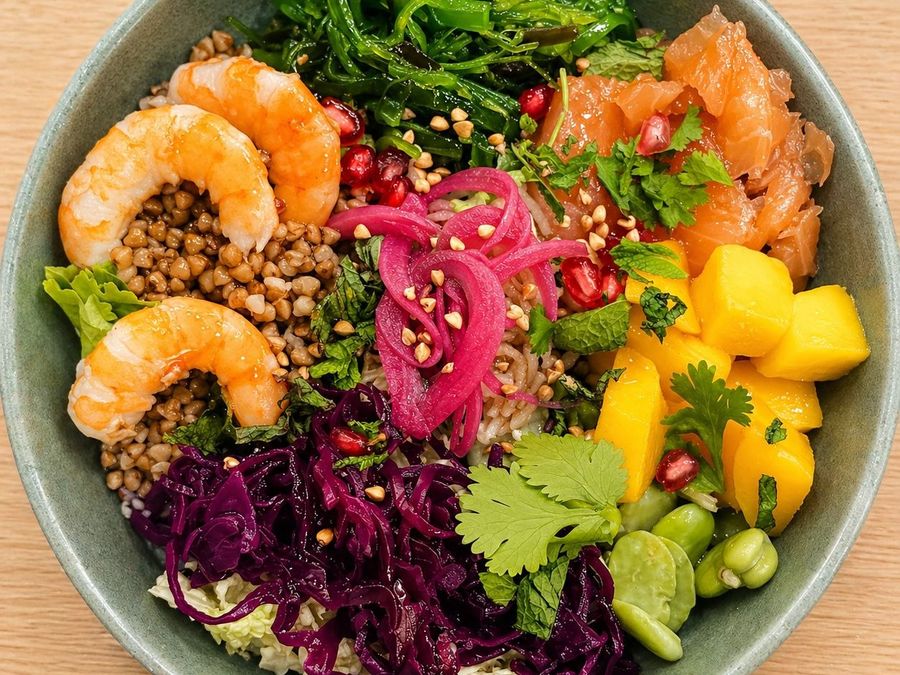 Breizh bowl : sarrasin breton, saumon et crevettes, légumes de saison, mangue et wakamé